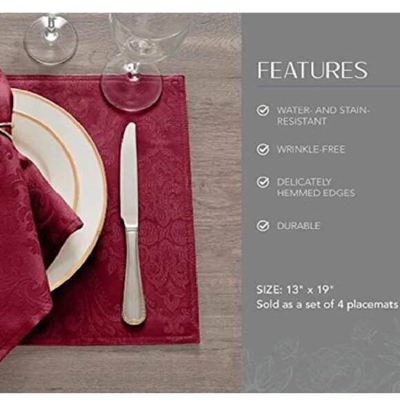 Elrene Caiden Elegance Damask Placemats 13"x19" Cranberry Jacquard (Set of 4) - Picture 2 of 6